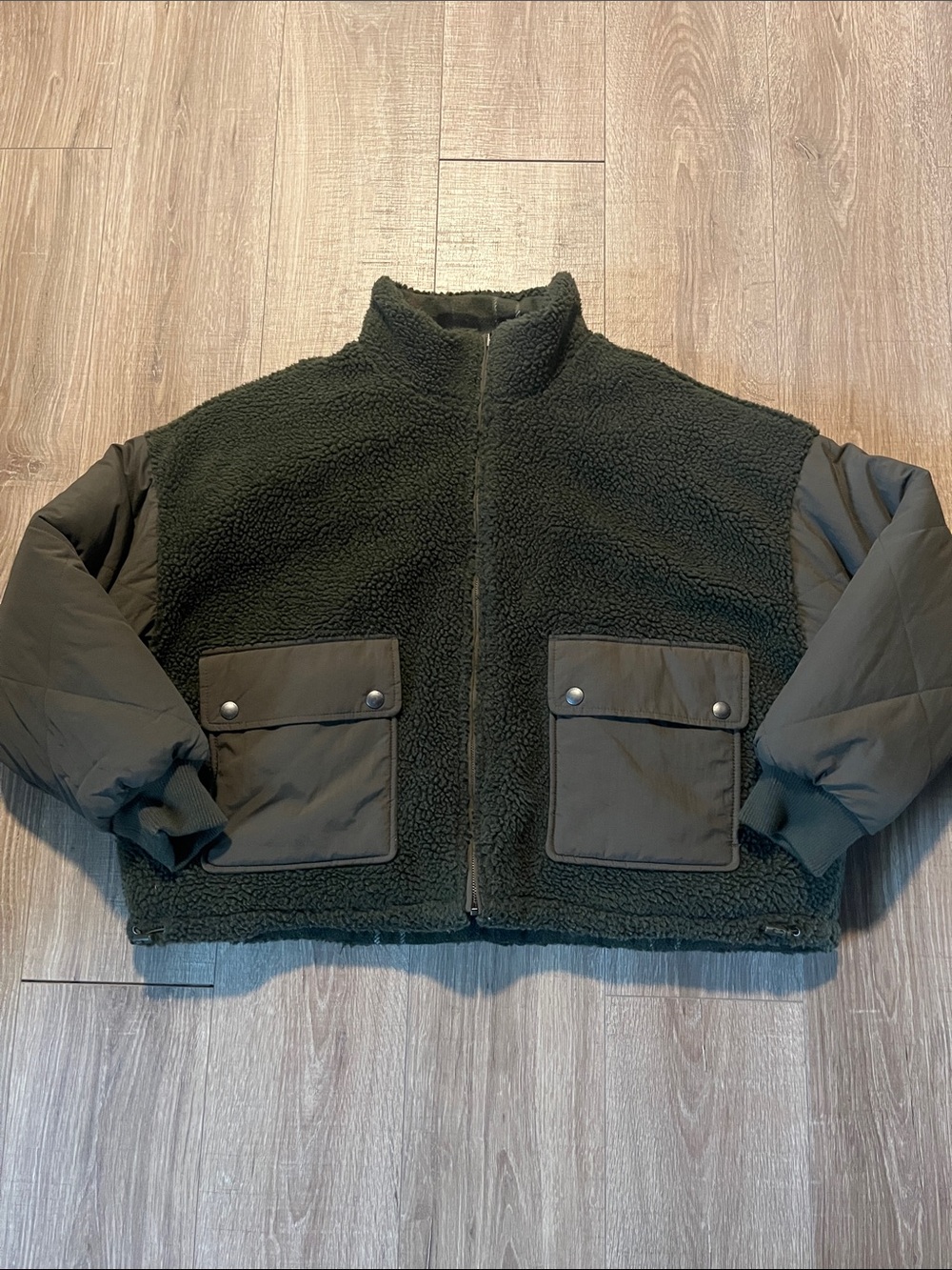 American Eagle Outfitters Olive Green Sherpa Puffer Jacket